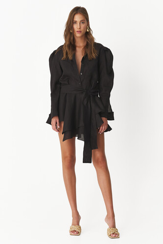 Black Ruffled Linen Mini Dress - PNK Casual