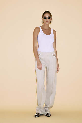 Beige Linen Pants With Side Mesh - PNK Casual