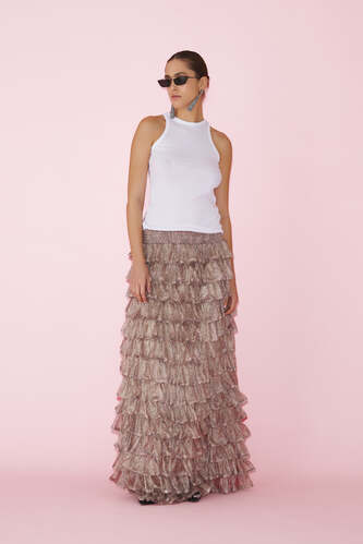 Printed Floral Rose Silk Skirt With Ruffled - PNK Casual