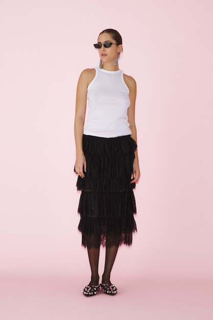 Black Lace Midi Skirt With Ruffles