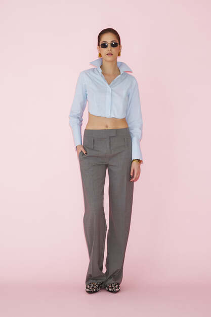 Blue Cotton Cropped Shirt