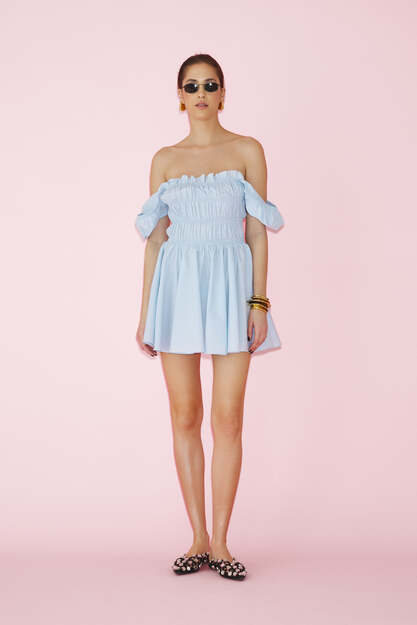 Blue Mini Dress With Smocked Elastic Bodice - SS24