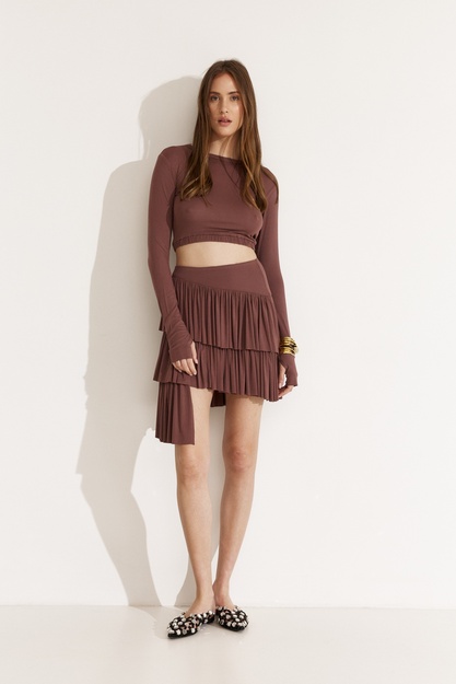 Mauve Pleated Mini Skirt with Asymmetric Hem