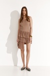 Beige Pleated Mini Dress With Asymmetric Hem