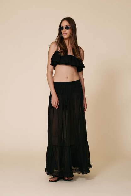 Black Cotton Pleated Maxi Skirt