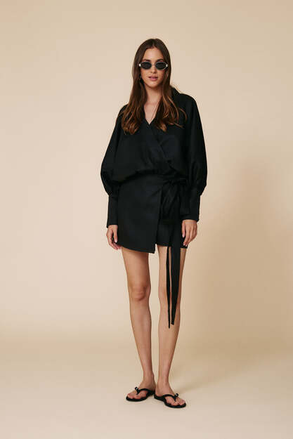 Black Lightweight Wrap Dress With Long Sleeves And Waist Tie