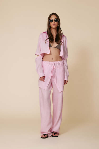 Elastic Waist Rose Linen Trousers
