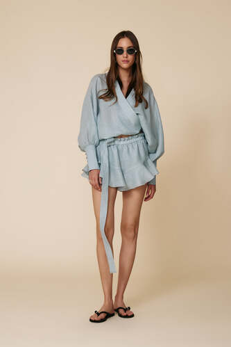 Aqua Wrap Blouse With Long Sleeves - PNK Casual