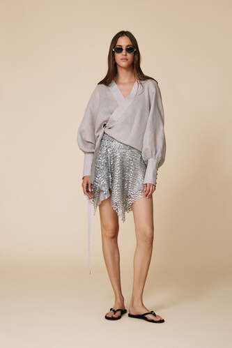 Grey Wrap Blouse With Long Sleeves - PNK Casual