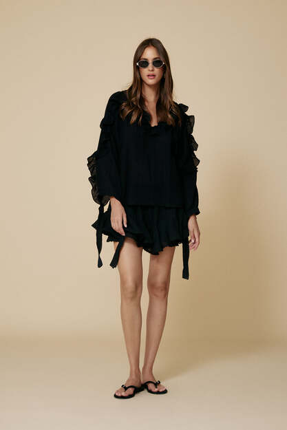 Black Linen-Cotton Ruffled Top