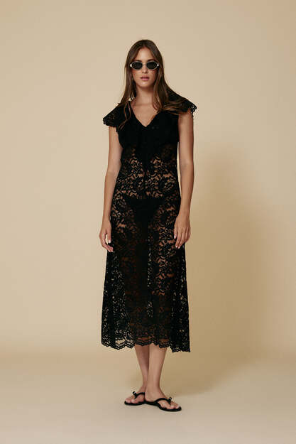Black Midi Lace Dress With Ruffled Neckline