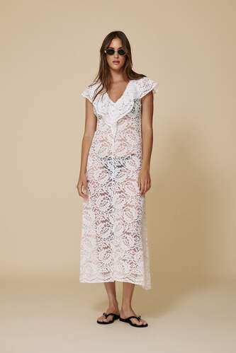 White Midi Lace Dress With Ruffled Neckline - PNK Casual