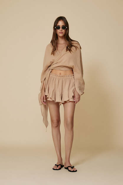 Beige Cotton Wrap Linen Blouse