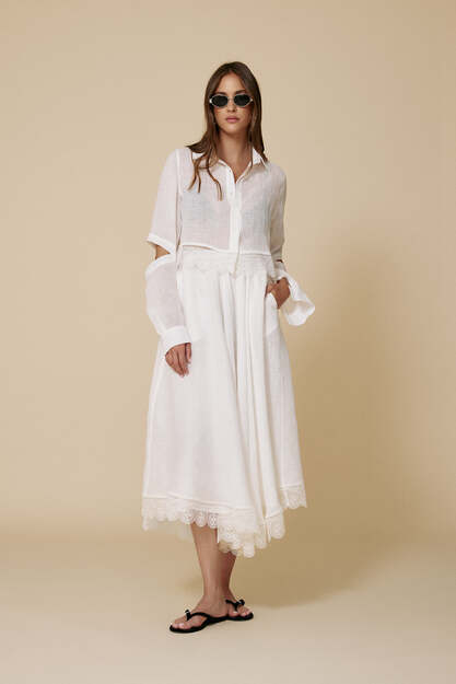 White Linen Cropped Shirt With Lace