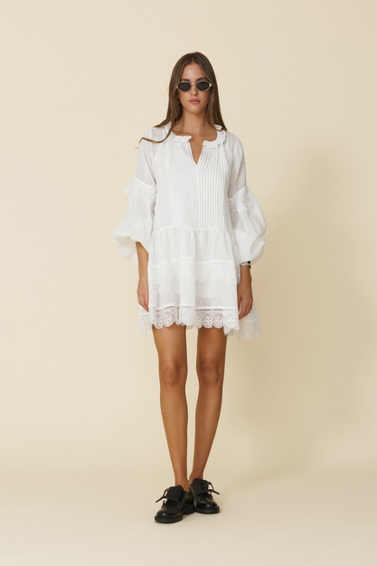 White Linen Mini Dress With Lace Inserts