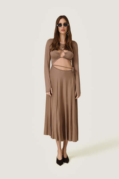 Beige Dress With a Front Cut-Out Detail And Adjustable Lace-Up Tie - SS26