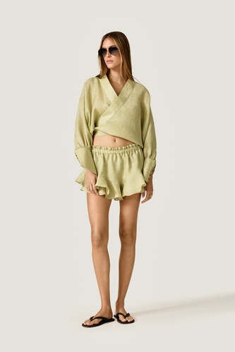 Pistachio Green Wrap Blouse With Long Sleeves - PNK Casual
