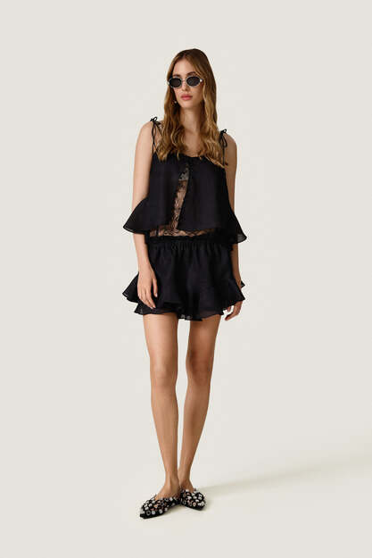 Black Linen Shorts With Ruffles
