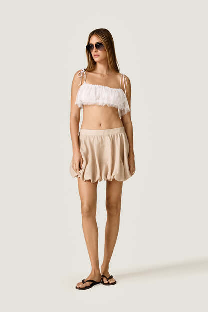 Linen Crop Top with Lace Ruffle