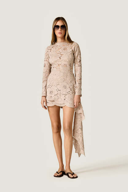 Beige Lace Mini Dress With Overlay Detail