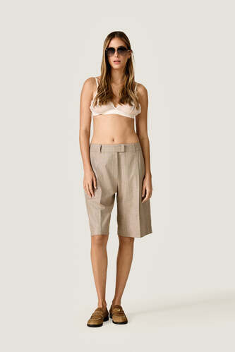 Beige Striped Longline Tailored Shorts - PNK Casual