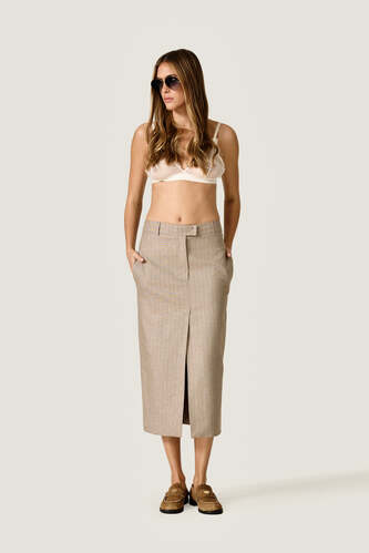 Beige Striped Midi Skirt - PNK Casual